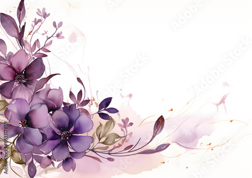 a painting of purple flowers on a white background. Abstract Violet foliage background with negative space for copy.