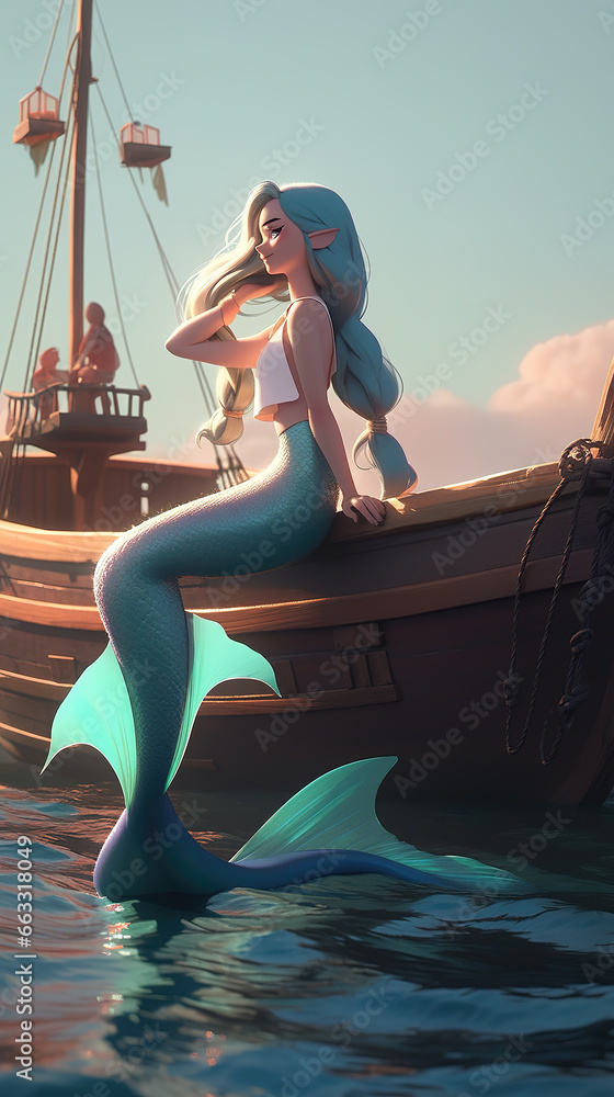 a beautiful mermaid sunbathing on a ship at evening, anime concep artwork