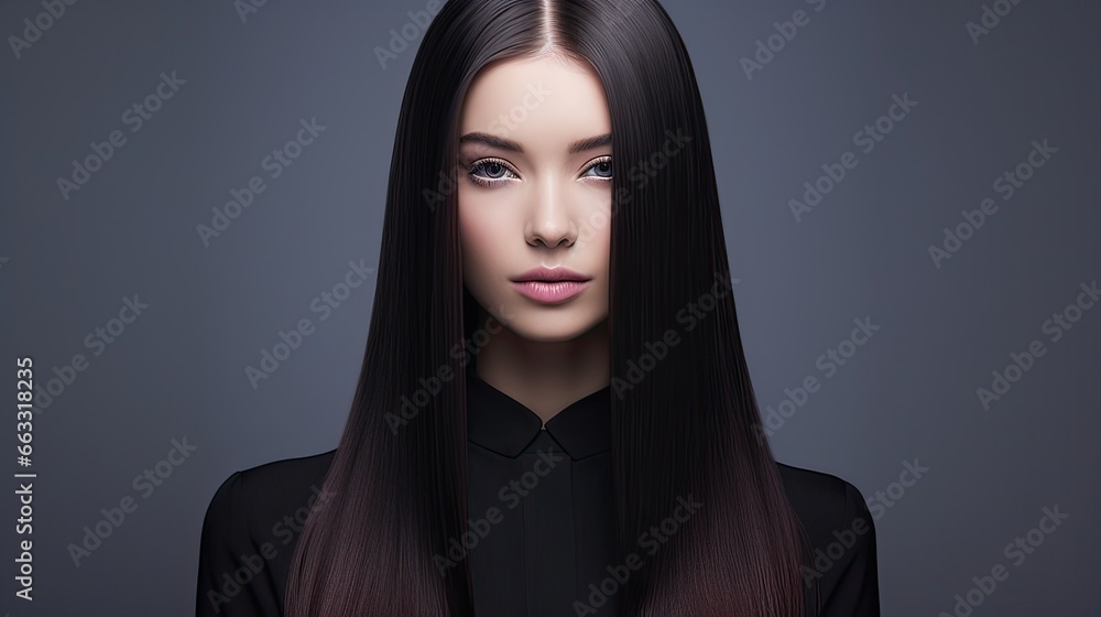 Fototapeta premium A woman radiates beauty with her gorgeous, shiny mane of long, flowing hair. Hair perfection, beauty radiance, long locks, glossy tresses, hair care, beauty enhancement, stunning look. Generated by AI