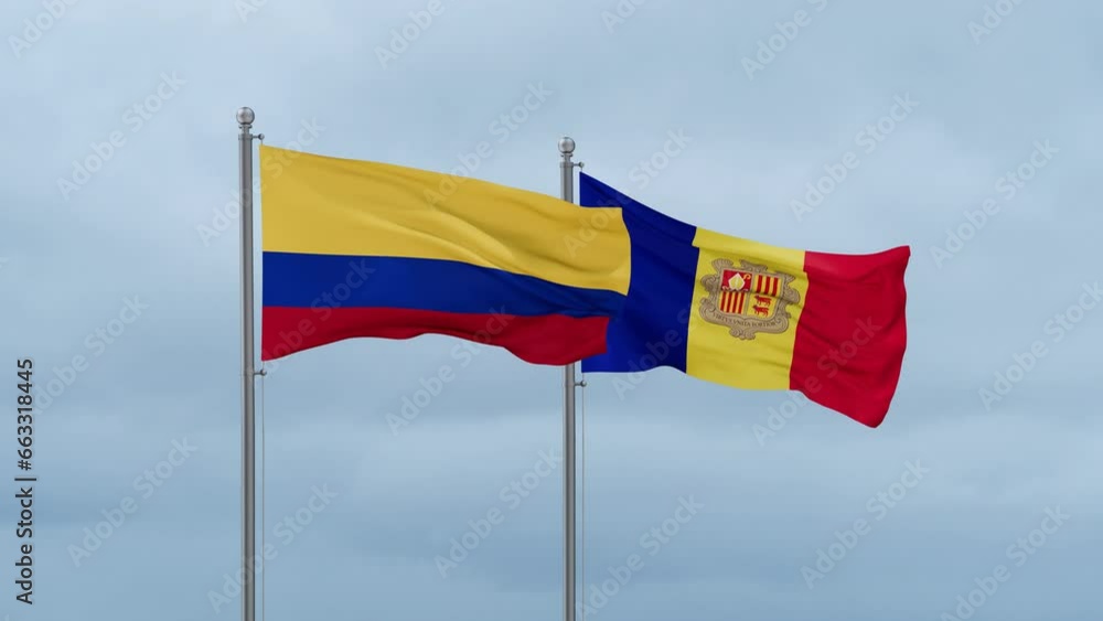 Colombia flag and Andorra flag waving together on cloudy sky, endless seamless loop Colombia flag and Andorra flag waving together on cloudy sky, endless seamless loop