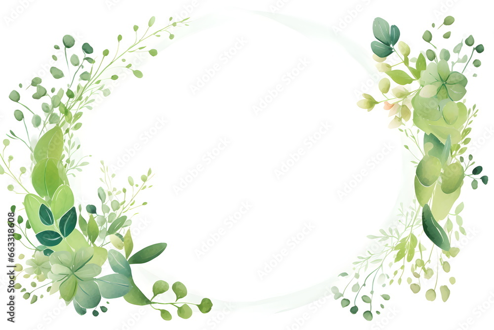 a circular frame with green leaves and flowers. Abstract Lime color foliage background with negative space for copy.