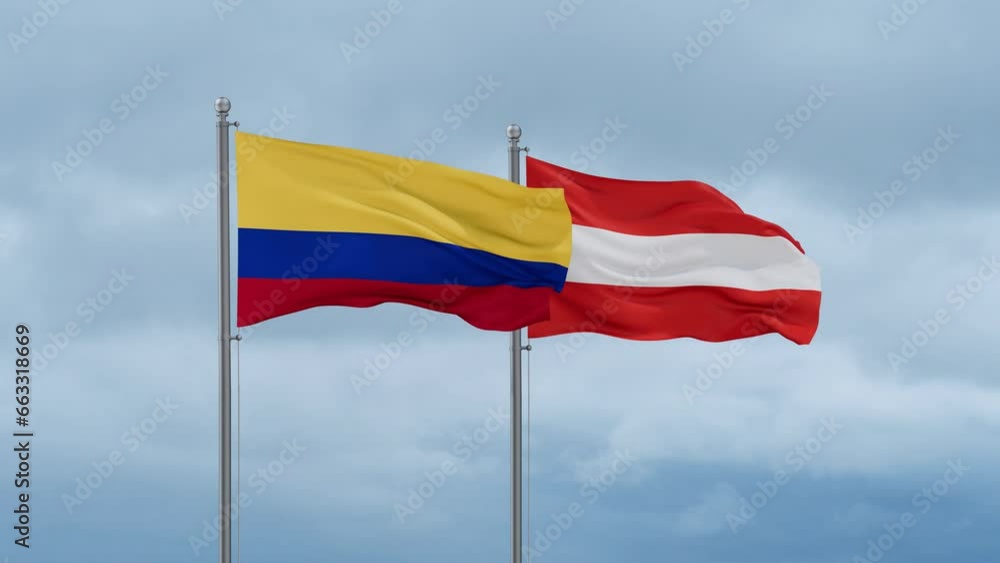 Austria flag and Colombia flag waving together on cloudy sky, endless seamless loop, two country relations concept Austria flag and Colombia flag waving together on cloudy sky, endless seamless loop, two country relations concept