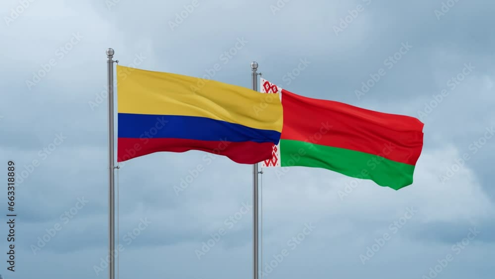 Belarus and Colombia flag waving together on cloudy sky, endless seamless loop, two country cooperation concept Belarus and Colombia flag waving together on cloudy sky, endless seamless loop, two country cooperation concept