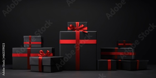 A group of black and red gift boxes with red ribbons, Black Friday background