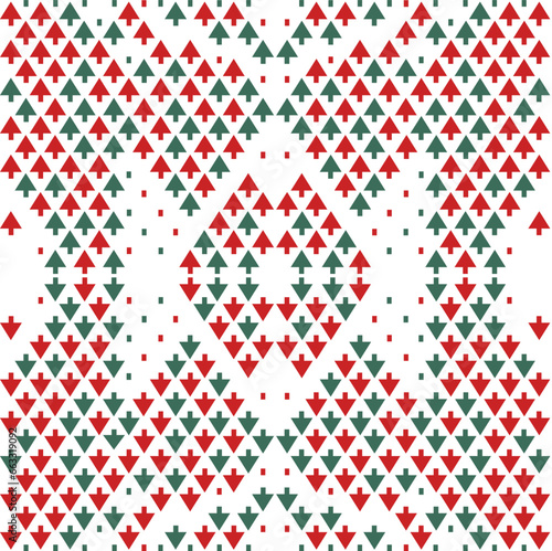 Pine fir trees seamless pattern. Red and green primitive conifer trees. Geometric shapes.