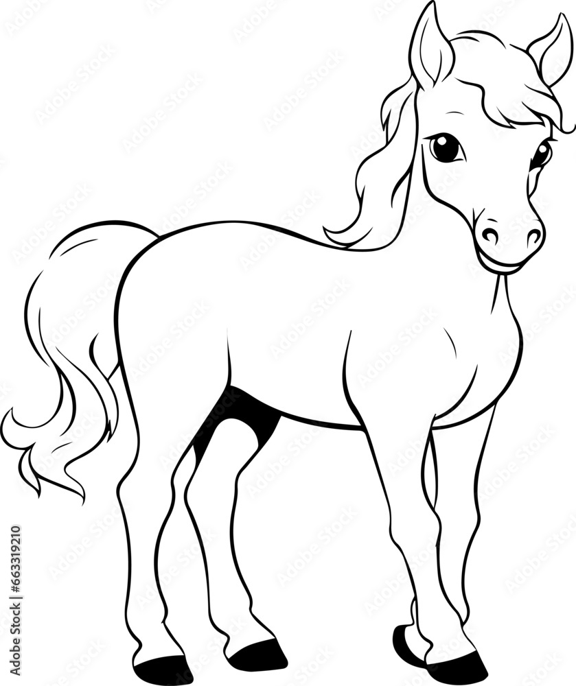Coloring book, Horse illustration, kawaii style, line drawing, Horse