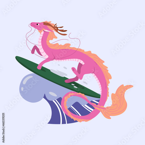 Pink chinese dragon rides waves on surfboard. Vector illustration of dragon on crest of wave for summer vacation in flat style. Traditional symbol of lunar 2024 New Year. Design calendar or festival