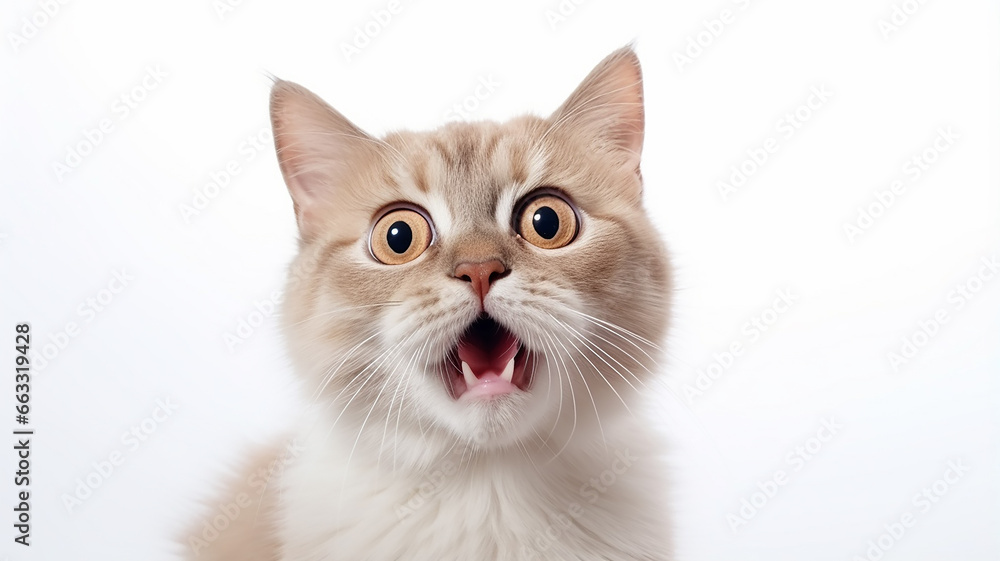 a frightened cat, an emotional portrait of fear isolated on a white background, a cat with big eyes is afraid