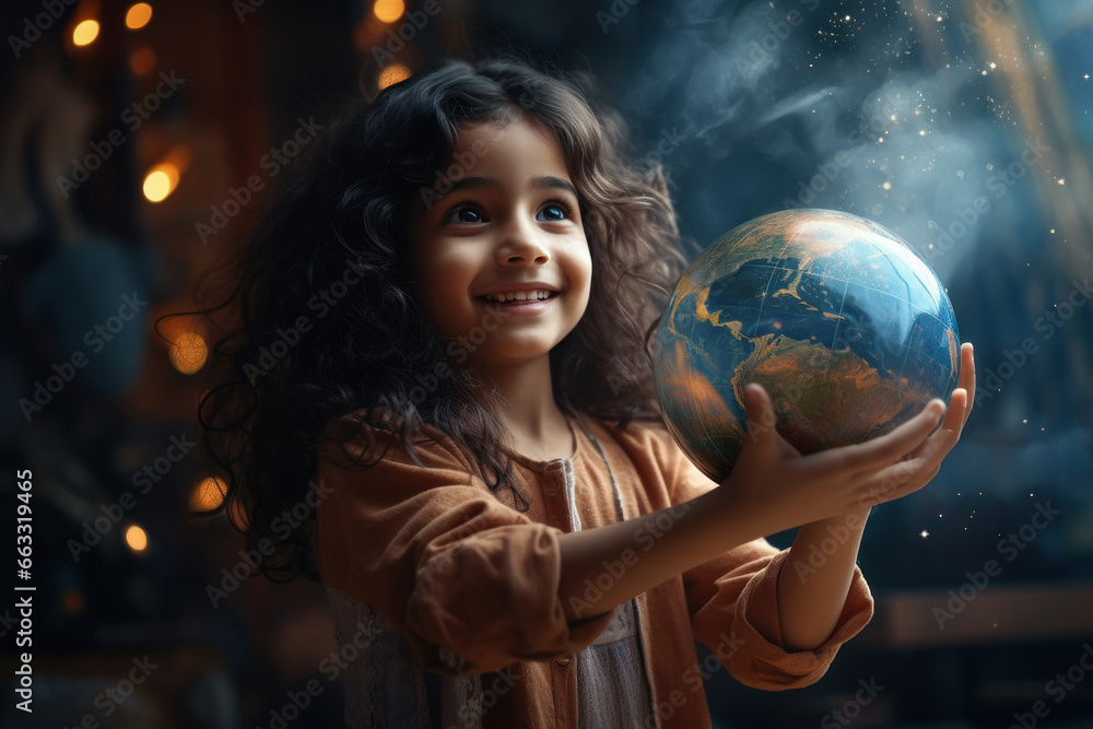 Naklejka premium cute little girl child holding earth globe in hand