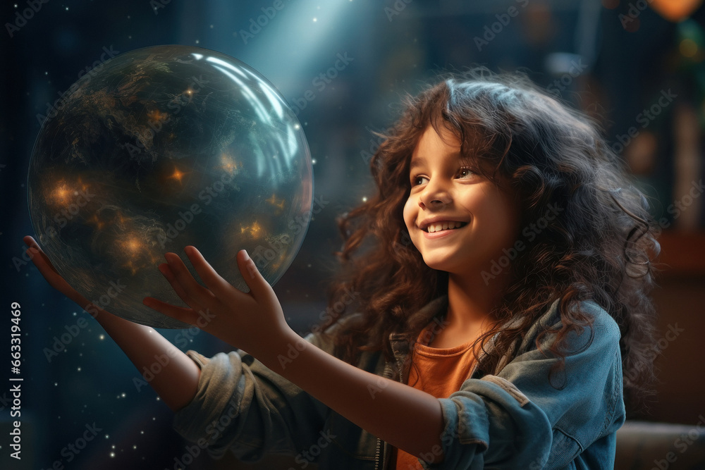 Naklejka premium cute little girl child holding earth globe in hand