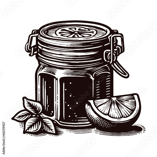 jar of jam with a citrus slice vintage sketch
