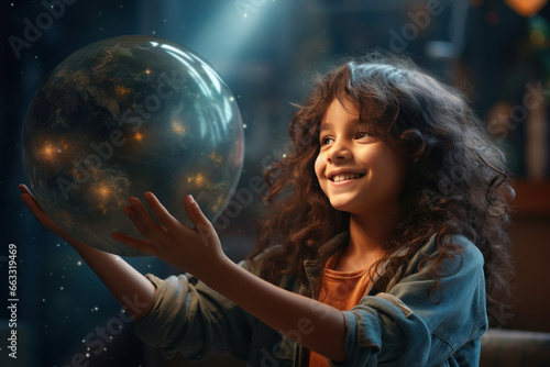 cute little girl child holding earth globe in hand