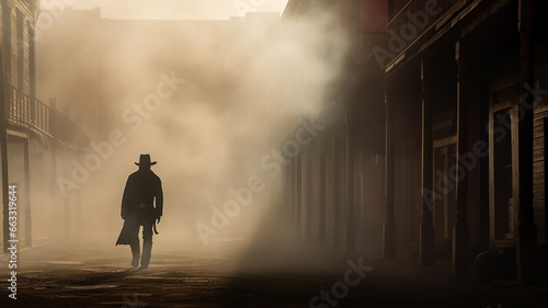 cowboy view from the back  wild west  retro landscape in the town historical reconstruction fictional graphics