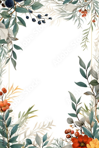 a floral frame with leaves and berries on a white background. Abstract Gray foliage background with negative space for copy. © ABDULRAHMAN
