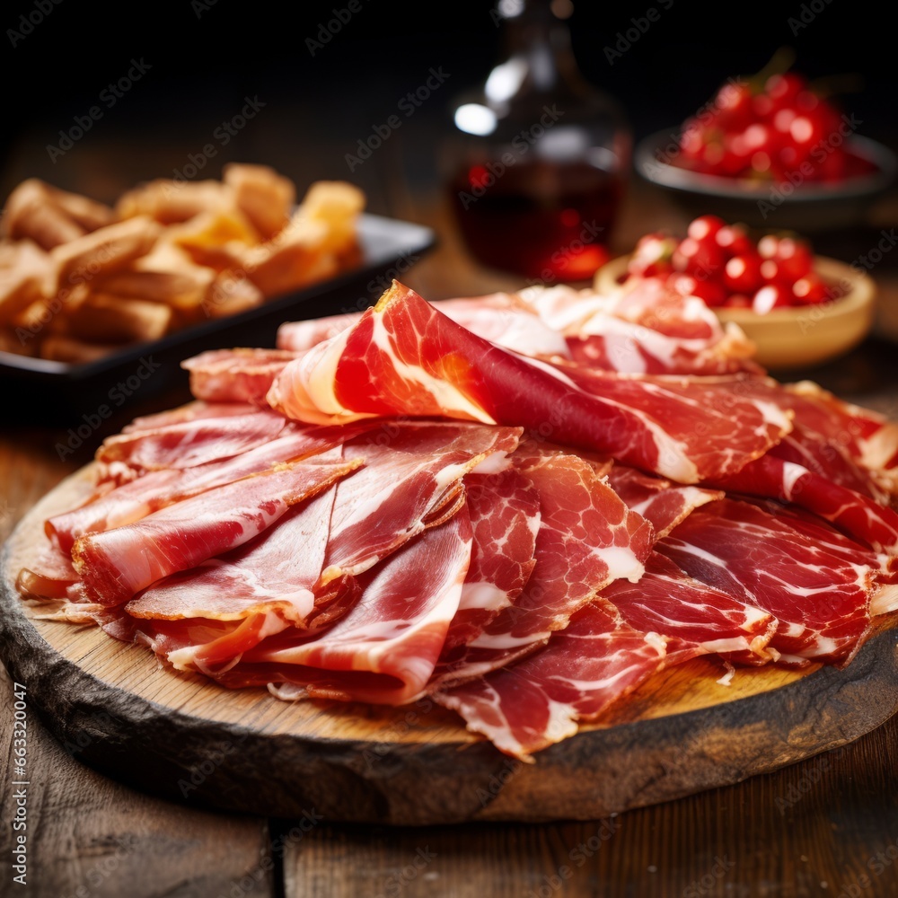 Slices of Spanish ham on a wooden cutting board