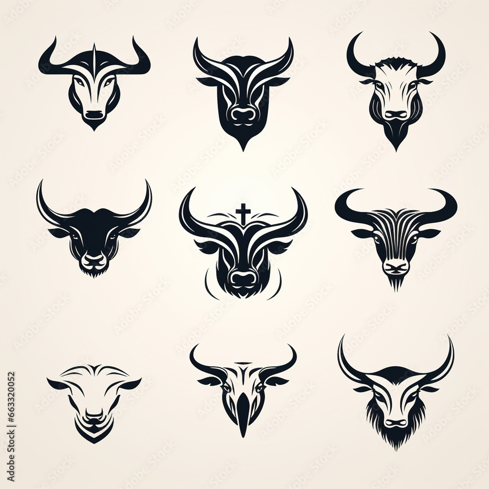 Fototapeta premium Set of buffalo head icons. Vector illustration in a flat style.