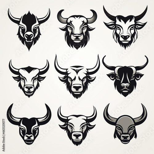 Set of buffalo head icons. Vector illustration in a flat style.
