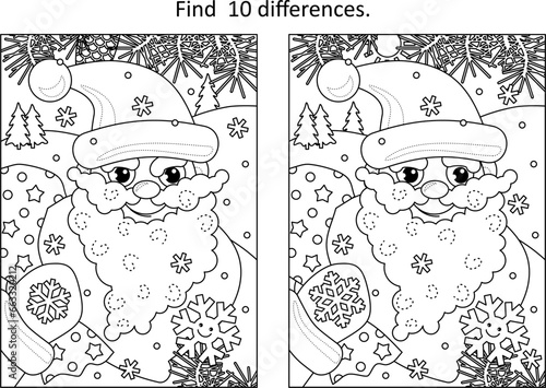 Difference game with Santa delivering presents in his sack full of toys and gifts
