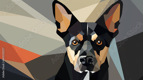 beautiful brave black dog head looking into camera, geometrical banner logo design