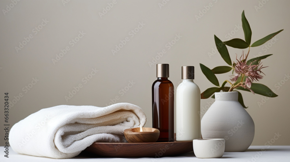 Natural Oasis: Front View of White Blank Beauty Bottles of Cream on Elegant White Wall Background with White Pot, Floor Green Leaves, and a Stack of Towels