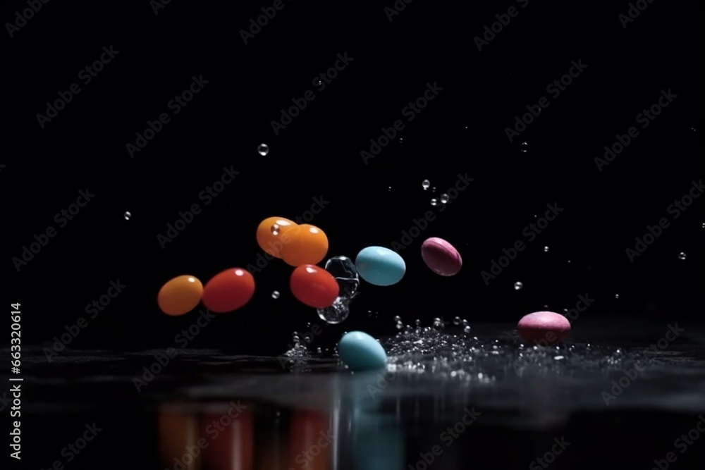 Various medications dropping onto dark surface in slow motion. Generative AI Various medications dropping onto dark surface in slow motion. Generative AI