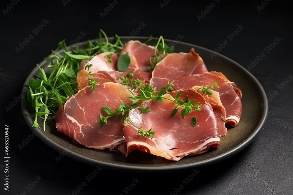 Plate with sliced raw pork prosciutto topped with herbs. Generative AI