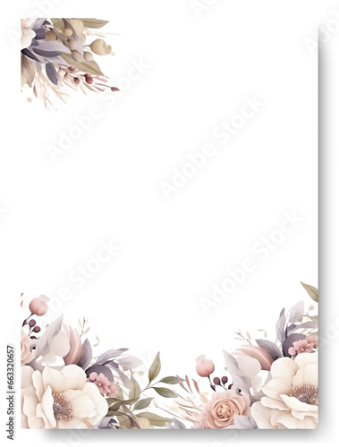 Arrangement of white rose flowers and leaves at corner frame hand painting on wedding invitation card