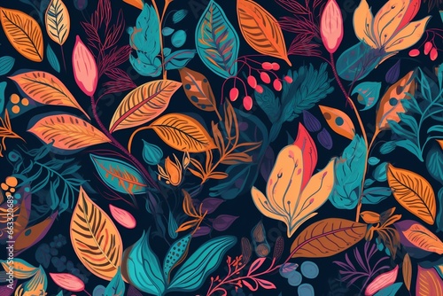 A vibrant seamless pattern featuring colorful floral leaves in an artistic illustration. Generative AI