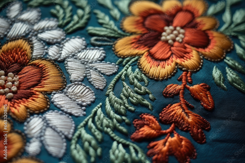A Textile Masterpiece Unveiled: Mesmerizing Macro Shot Reveals the Intricate Beauty of Exquisitely Handcrafted Fabric with Ornate Designs and Artistic Detail. A Textile Masterpiece Unveiled: Mesmerizing Macro Shot Reveals the Intricate Beauty of Exquisitely Handcrafted Fabric with Ornate Designs and Artistic Detail.