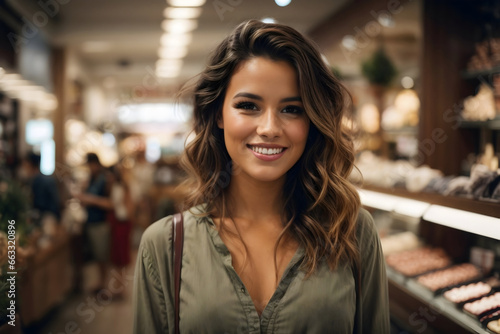 Portrait of smiling young woman looking at camera in grPortrait of a beautiful young woman smiling at the camera in a grocery storeocery store.