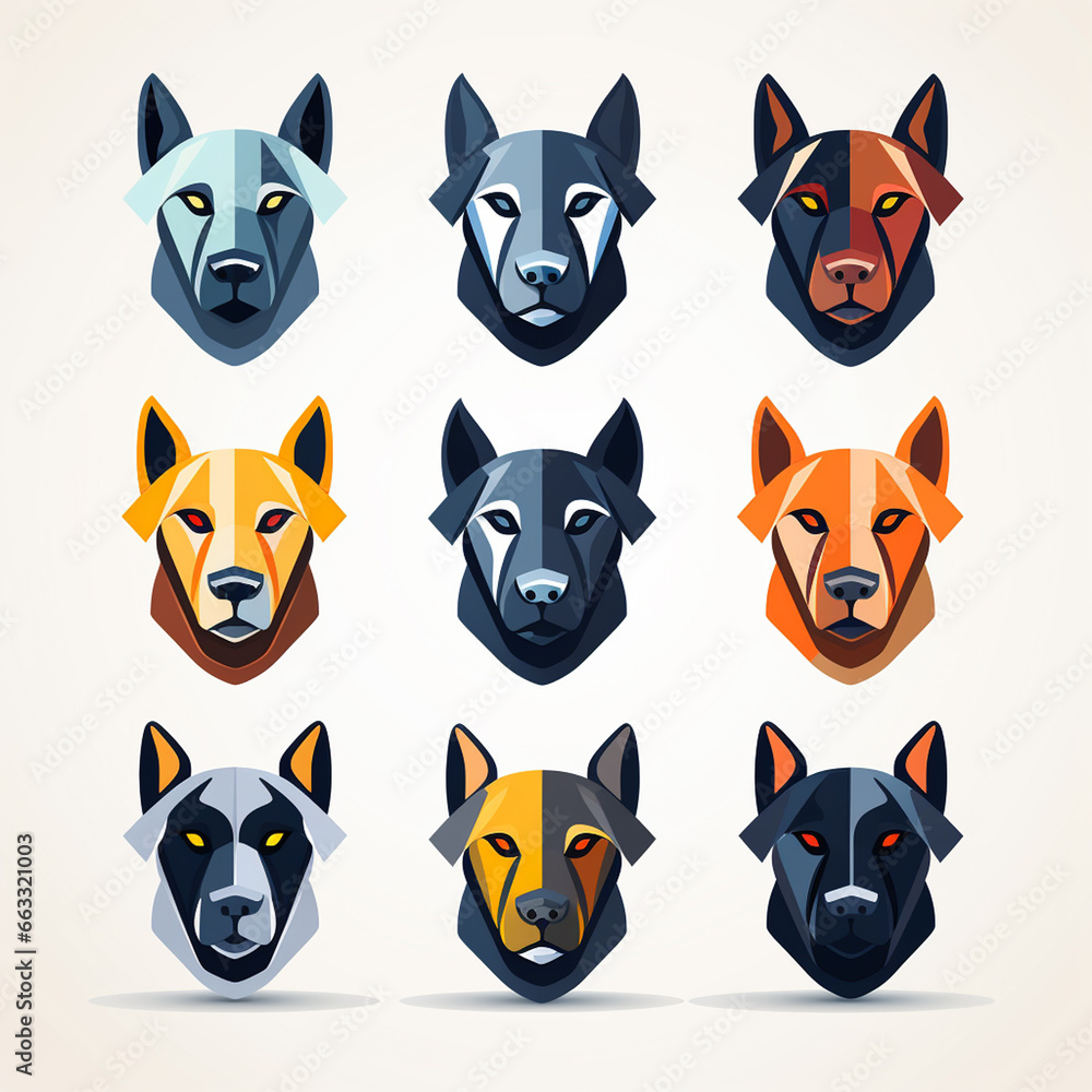 Fototapeta premium Set of dog heads. Different breeds of dogs. Vector illustration.