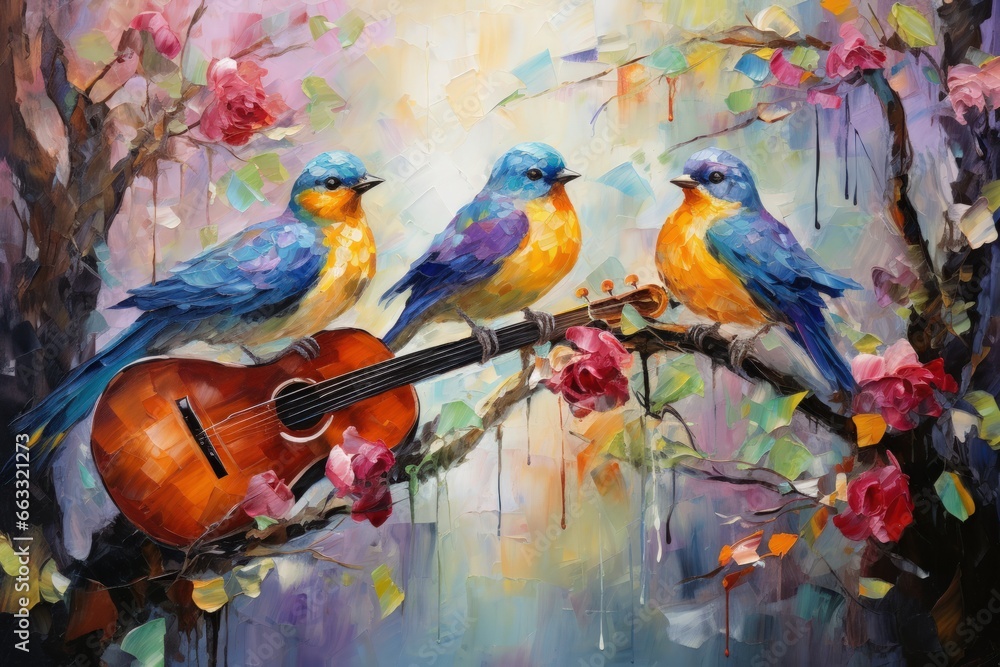 Enchanted songbirds, their melodies capable of healing and soothing troubled hearts - Generative AI - obrazy, fototapety, plakaty 