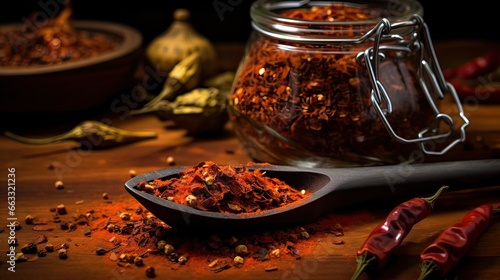 Spicy ghost pepper flakes, renowned as some of the hottest chili flakes available. Add a fiery kick to your dishes with these scorching flakes. Heat, fiery flavor, culinary excitement. Generated by AI