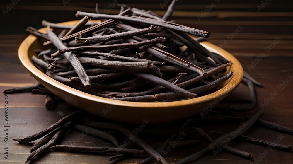 Fototapeta premium Sweet vanilla beans. Exquisite, fragrant, culinary delight, flavor-enhancing, aromatic wonders, premium quality, culinary essential, gourmet, aromatic seeds. Generated by AI