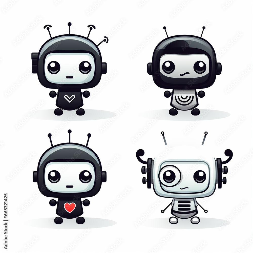 Set of cute robots with different emotions. Vector illustration in cartoon style. Set of cute robots with different emotions. Vector illustration in cartoon style.