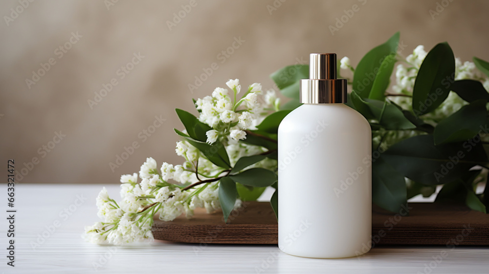 Graceful Elegance: White Blank Beauty Pump Bottle of Cream and Blank Perfume Scent Bottle Standing on an Elegant Blurred Background, Surrounded by Green Leaves and White Flowers Graceful Elegance: White Blank Beauty Pump Bottle of Cream and Blank Perfume Scent Bottle Standing on an Elegant Blurred Background, Surrounded by Green Leaves and White Flowers