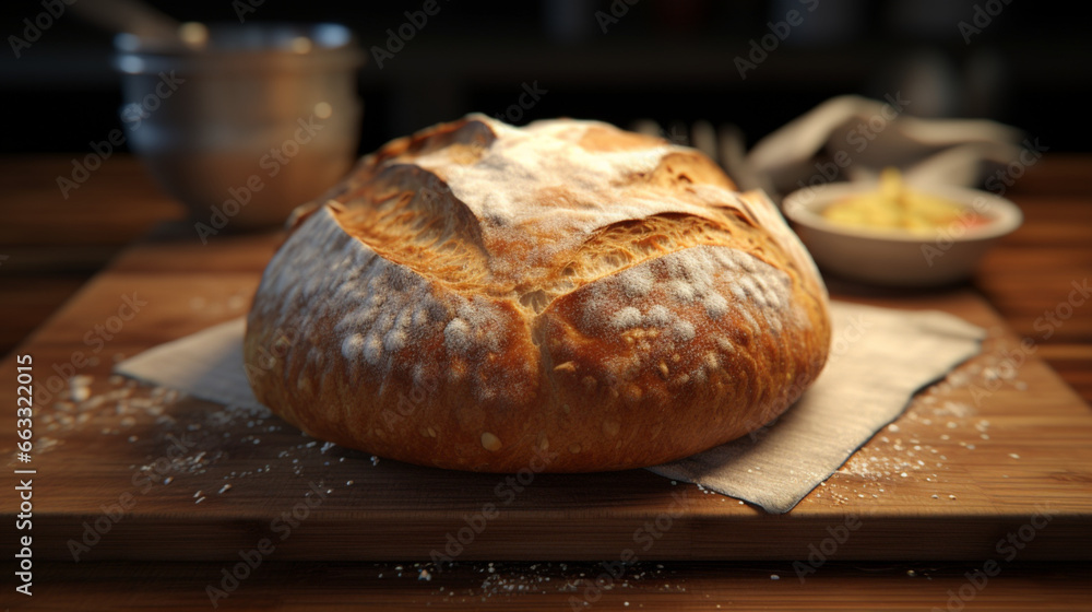 Pain, pain rond, pain découpé en tranche posé sur une table en bois. Fond noir. Boulangerie, pâtisserie, nourriture. Pour conception et création graphique.