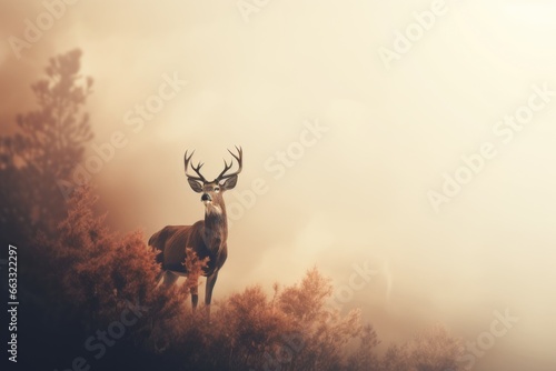 Red deer stag in the autumn field. Noble deer male. Beautiful animal in the nature habitat. Wildlife scene, wild nature landscape. Wallpaper, beautiful fall background with copy space