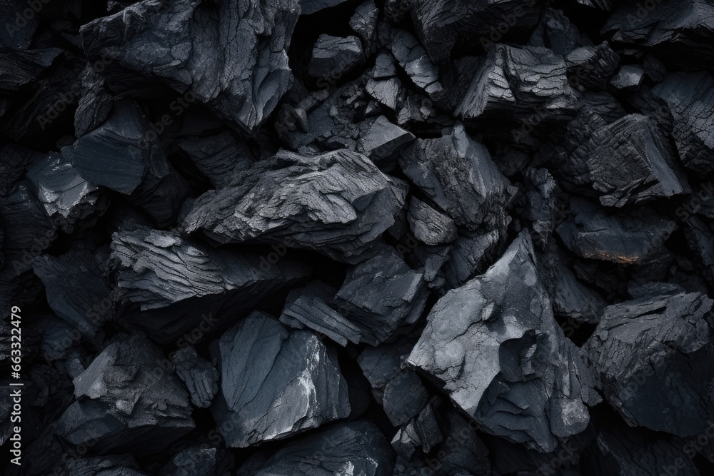 An Elegant Anthracite Coal: A Sustainable and Lustrous Fossil Fuel with Subtle Hues of Charcoal, Glistening Minerals, and a Captivating Background Texture - obrazy, fototapety, plakaty 