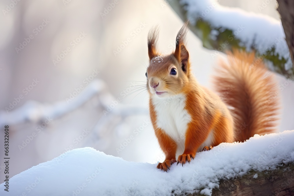 Cute red squirrel (Sciurus vulgaris) sitting in a snow and looking for food on winter forest blurred background. Banner with beautiful animal in the nature habitat. Wildlife scene Cute red squirrel (Sciurus vulgaris) sitting in a snow and looking for food on winter forest blurred background. Banner with beautiful animal in the nature habitat. Wildlife scene
