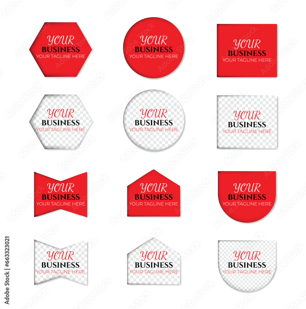 Red and transparent badges with different shapes banner art vector  illustration for promotion