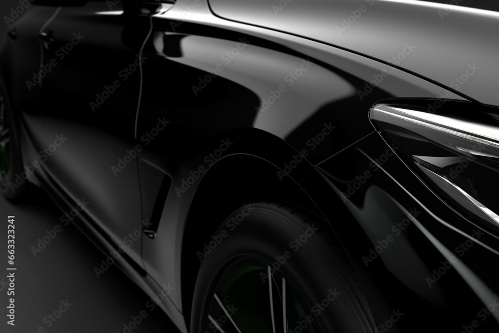 Closeup of car body being wrapped with glossy black film. Copy space available. 3D render. Generative AI