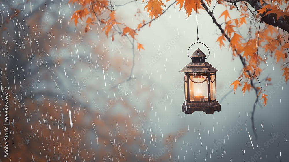 autumn background rain and copy space vintage lantern among autumn trees, fictional computer graphics - obrazy, fototapety, plakaty 