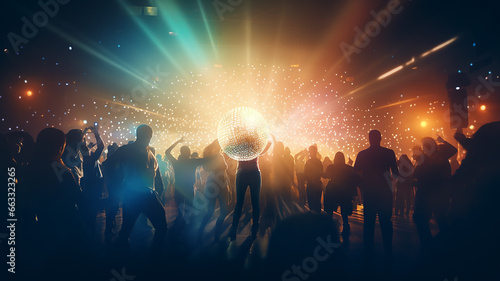 abstract background disco nightclub mirror disco ball with rays of light, silhouette of a crowd of people in the spotlight, and a musical performance, fictional