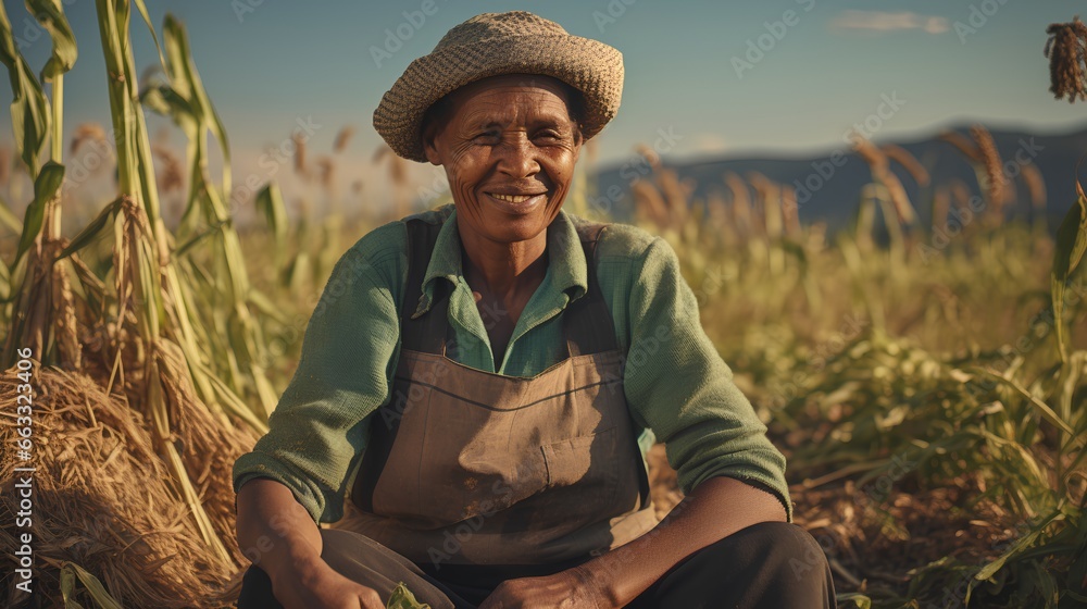 Hardworking and happy ethnic farmer in crops plantation work. Fair trade concept. Supporting sustainable farming practices and ethical sourcing. Labor in tea fields with healthy work conditions. - obrazy, fototapety, plakaty 