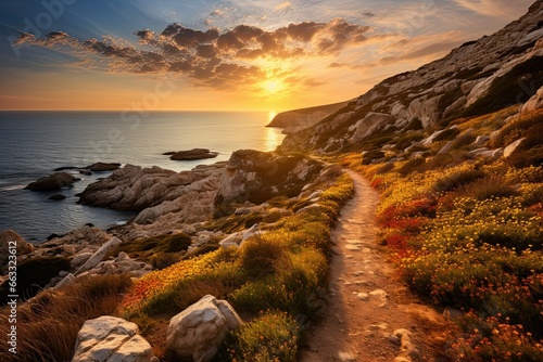 Narrow path along the shore. Sunrise on Malta island. Generative ai art. Landscape with sea.