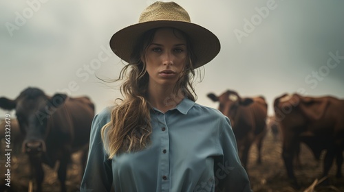 Young, empowered female farmer standing near herd of cattle. Livestock business for woman with leadership and dedication in her work. Sustainable and nature friendly farming for better future. © TensorSpark