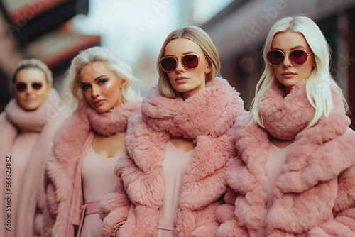 Winter fashion show collection. Fashion models posing in a row in a stylish trendy fluffy pink fur coats outfits. Fashion week runway. Street style