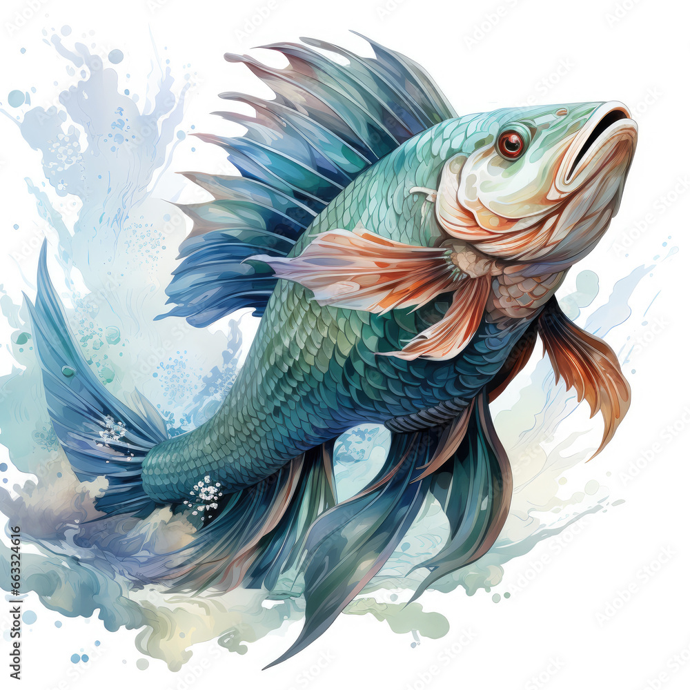 Fototapeta premium watercolor funny fish dragon full clipart, Generative Ai