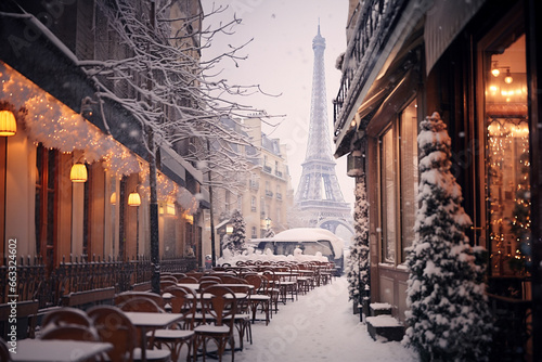 A street in Paris under the snow in winter, Eiffel tower in the background, Christmas in Paris illustration imagined by AI